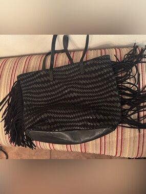 Johnny Was Black Woven Fringed Leather Suede Tote
